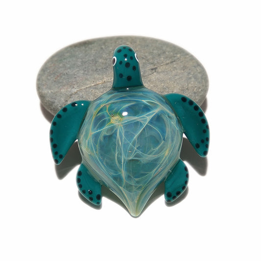 Blue Spirit Turtle Pendant - Glass Pendant - Glass Jewelry - Glass Art - Turtle - Blown Glass - Artist Signed - Details of Pure Silver