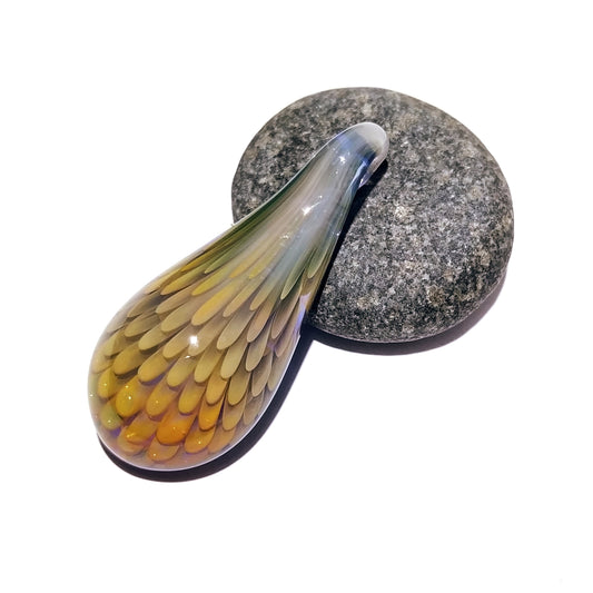 Feather & Flower Design- Handblown Jewelry - Unique Gift Glass - Creative Flocal Pendant - Teardrop Shape - Sunset Colors - 3D Glass Art