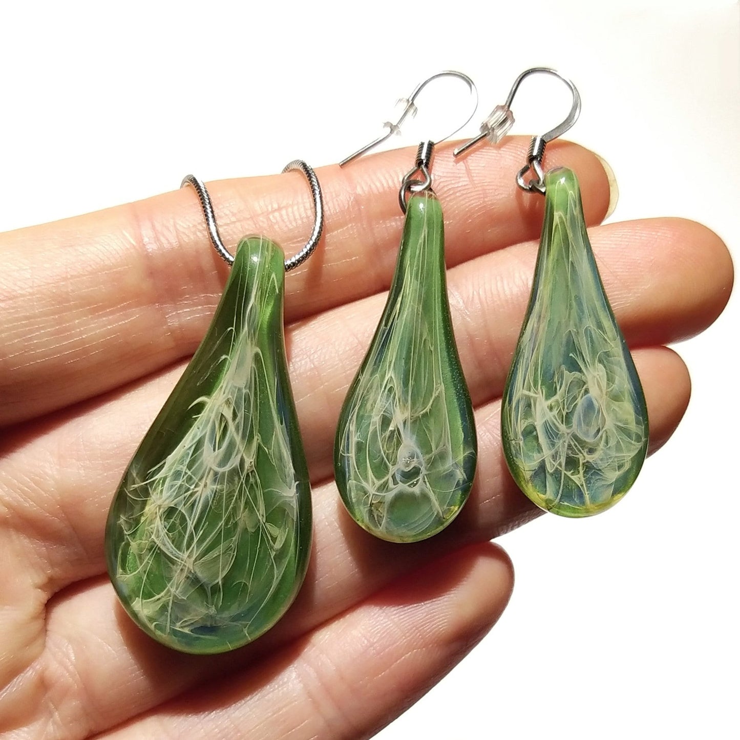 Jade Green Teardrops -Glass Necklace & Earring Set -Perfect Gift -Trending Jewelry -Handmade Glass -Raindrops - Blown Glass