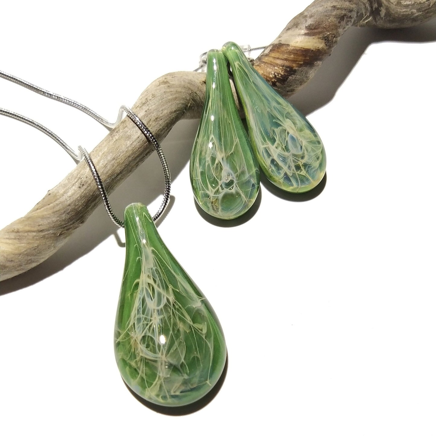 Jade Green Teardrops -Glass Necklace & Earring Set -Perfect Gift -Trending Jewelry -Handmade Glass -Raindrops - Blown Glass