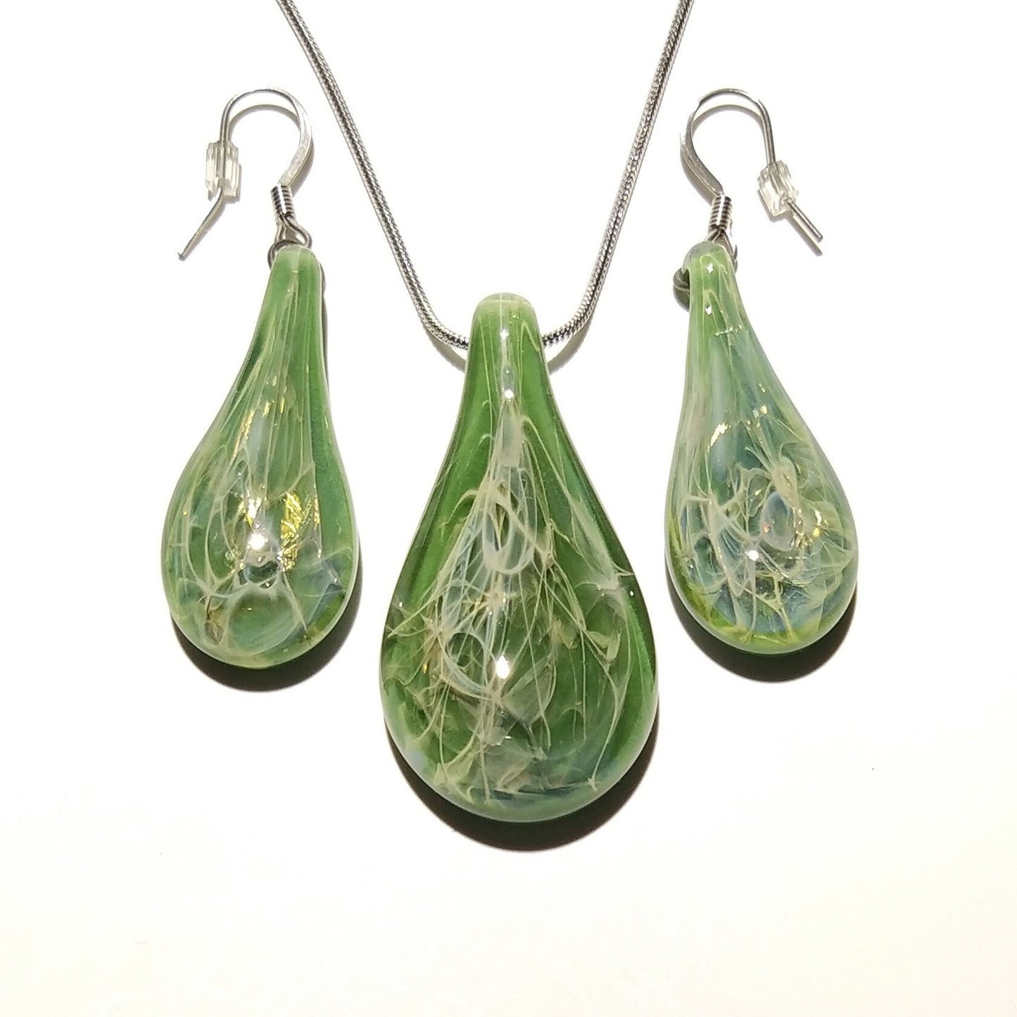 Jade Green Teardrops -Glass Necklace & Earring Set -Perfect Gift -Trending Jewelry -Handmade Glass -Raindrops - Blown Glass