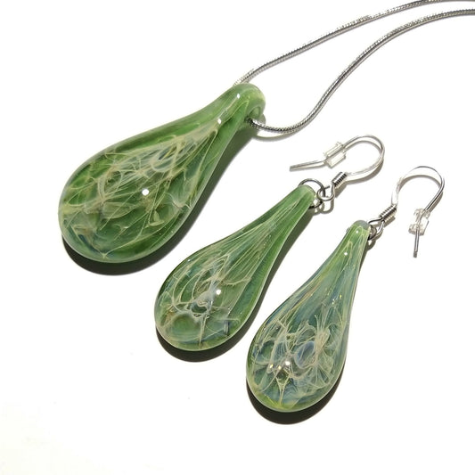 Jade Green Teardrops -Glass Necklace & Earring Set -Perfect Gift -Trending Jewelry -Handmade Glass -Raindrops - Blown Glass