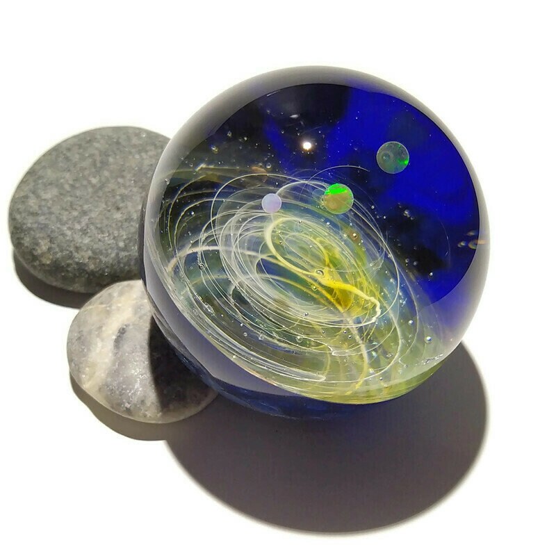 Large Size Galaxy Paperweight - Planetarium Gift - Cosmic Art glass - Three Opal Planets - A Galaxy in Glass - Blown Glass Space Marble