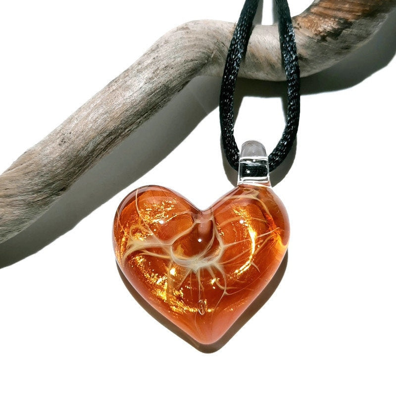 Tangerine Golden Heart Pendant - Love - Anniversary Gift for Her - Handmade Glass Jewelry - Gold Fume - Follow Your Heart - Charm Necklace