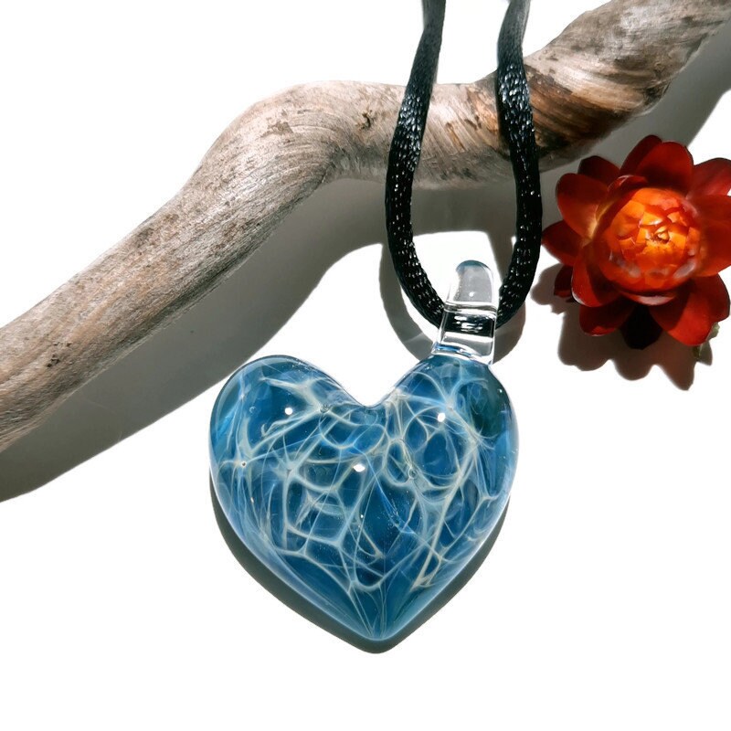 Enameled Glass Heart Pendant with Snowflake Artisan Enameled Copper Blue sale White