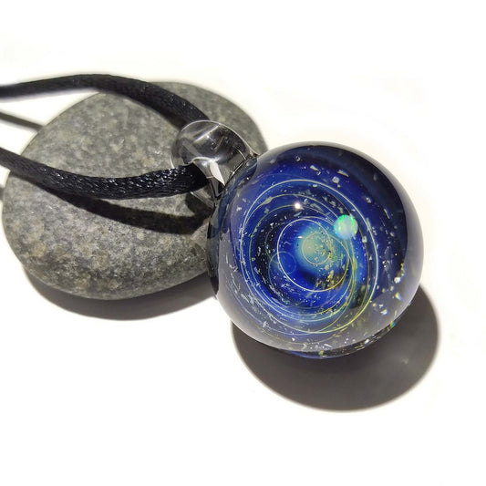 Glass Galaxy Pendant, With A white Opal Planet - Blue Solar System, Cosmic Gift Idea, Unique Space Gift, Universe in Glass, Handmade Glass